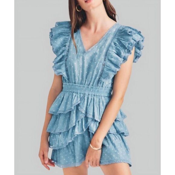 LoveShackFancy Corelli Dress Blue Bonnet Mini Ruffle Sundress Sz Large - Picture 1 of 5